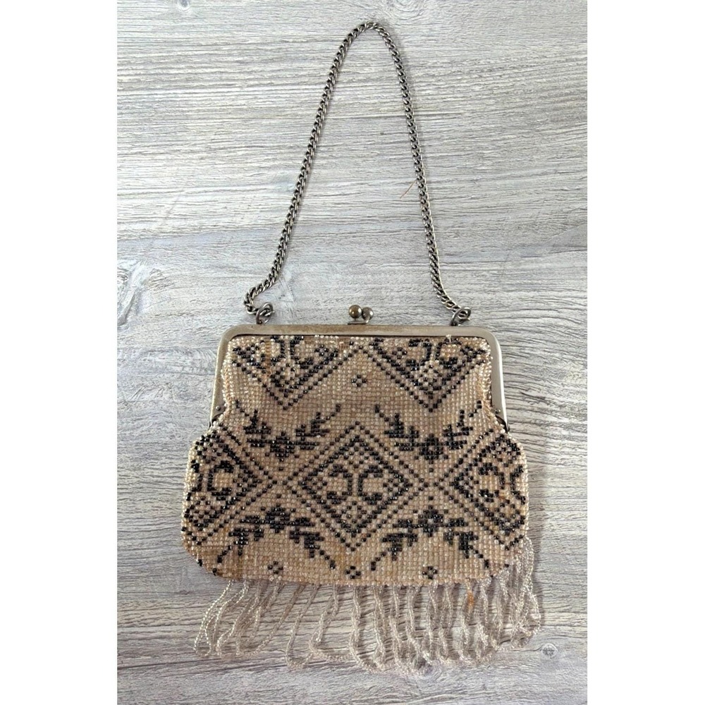 Antique Vtg Purse Handbag Micro Glass Beaded Art Deco Fringed 1920's Kiss Lock